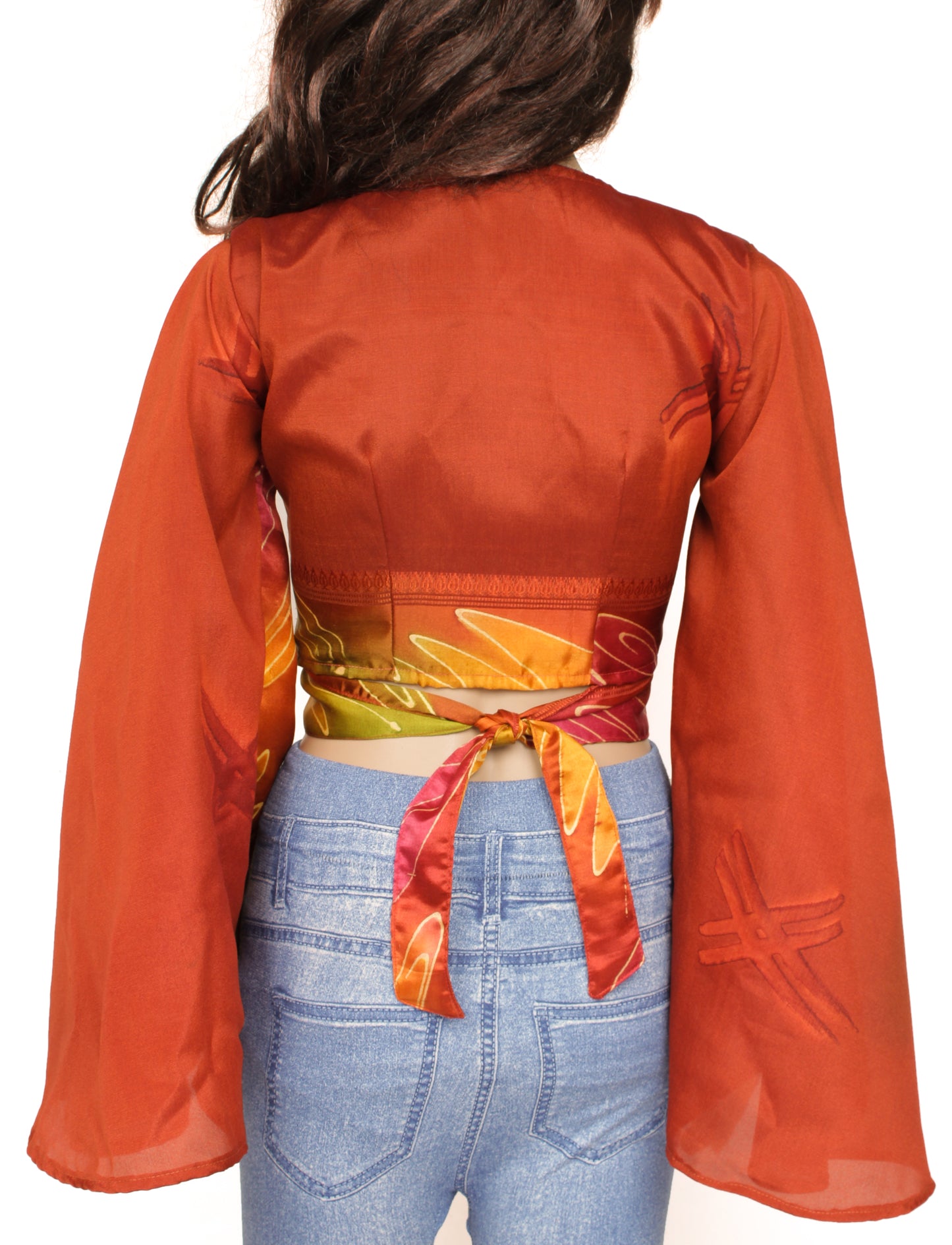 Sushila Vintage NEW Bohemian Bell Sleeve Recycled Silk Saree Top 70,s Retro Rust