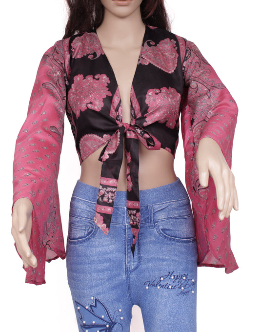 Sushila Vintage NEW Bohemian Bell Sleeve Recycled Silk Saree Top 70,s Retro Pink
