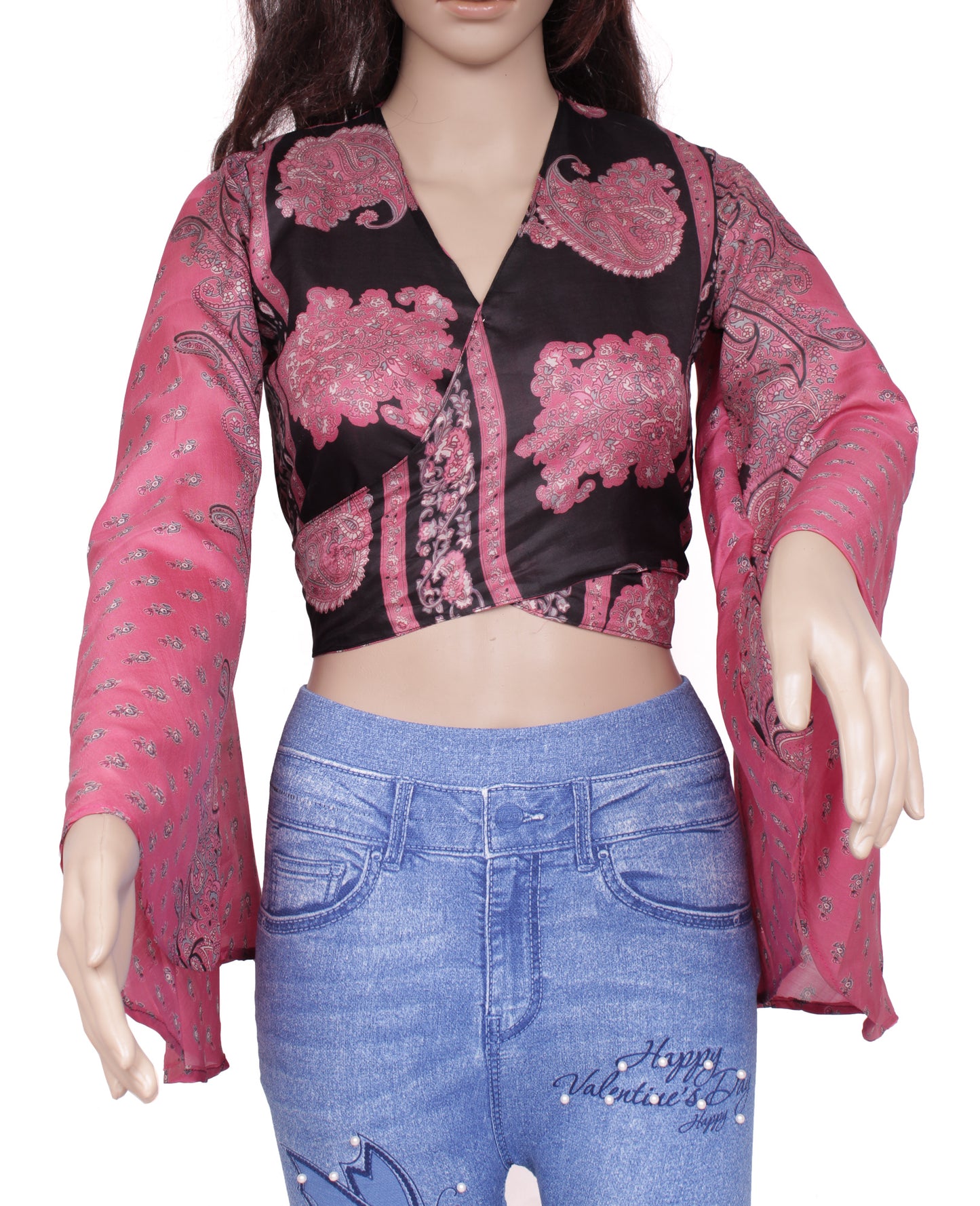 Sushila Vintage NEW Bohemian Bell Sleeve Recycled Silk Saree Top 70,s Retro Pink