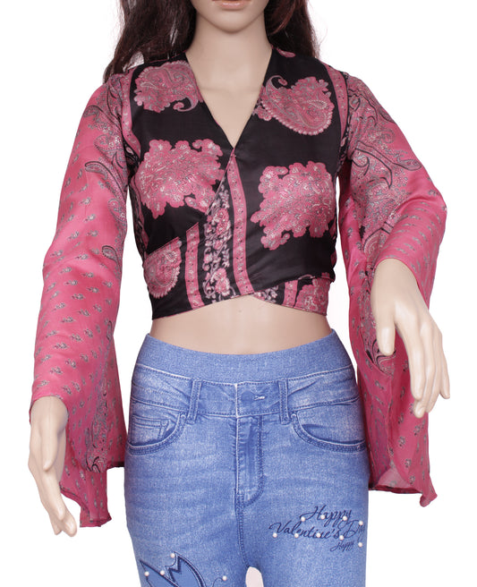 Sushila Vintage NEW Bohemian Bell Sleeve Recycled Silk Saree Top 70,s Retro Pink