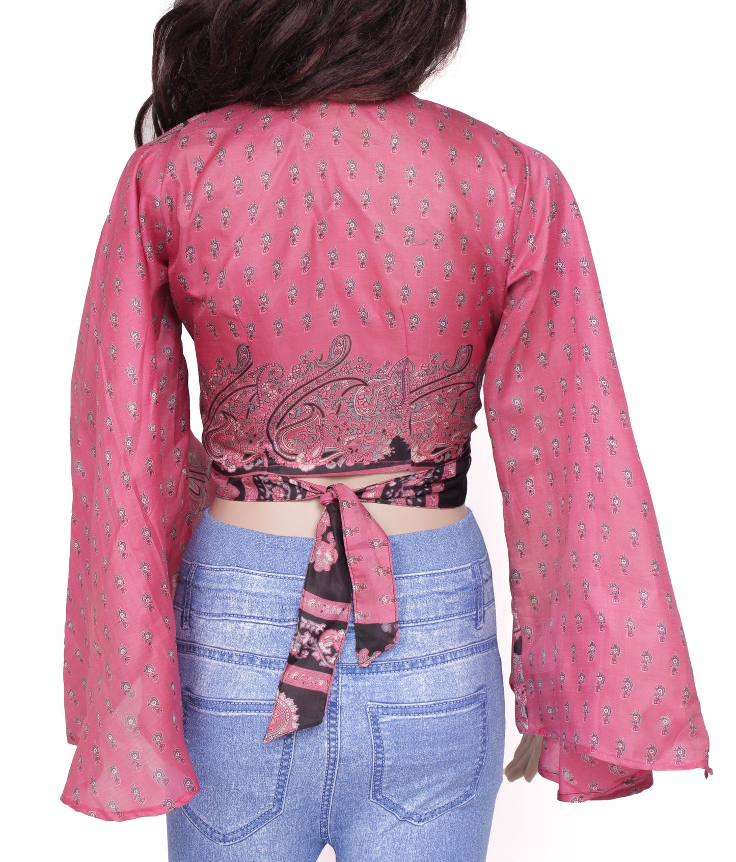 Sushila Vintage NEW Bohemian Bell Sleeve Recycled Silk Saree Top 70,s Retro Pink