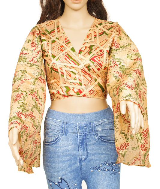 Sushila Vintage Bohemian Bell Sleeve Recycled Silk Saree Top 70,s Retro Cream