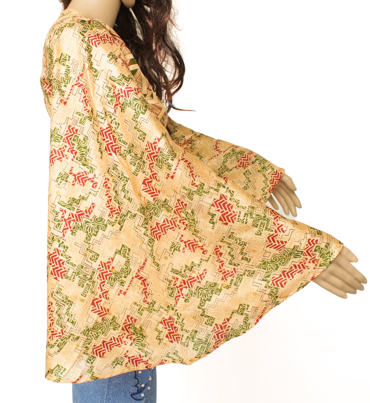 Sushila Vintage Bohemian Bell Sleeve Recycled Silk Saree Top 70,s Retro Cream