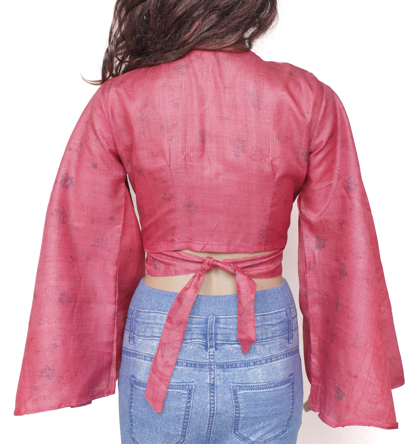 Sushila Vintage NEW Bohemian Bell Sleeve Recycled Silk Saree Top 70,s Retro Pink
