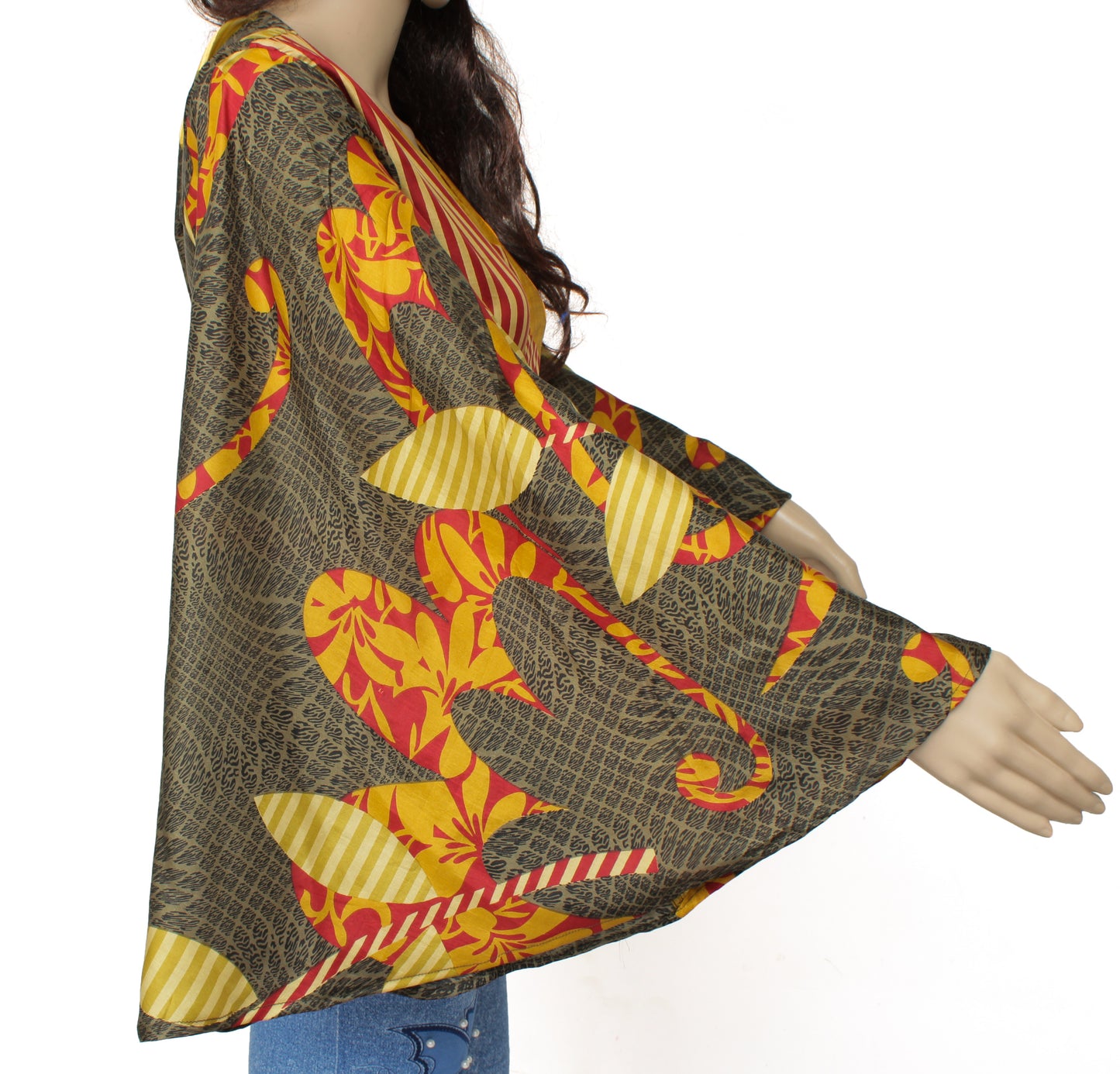 Sushila Vintage Bohemian Bell Sleeve Recycled Silk Saree Top 70,s Retro Green
