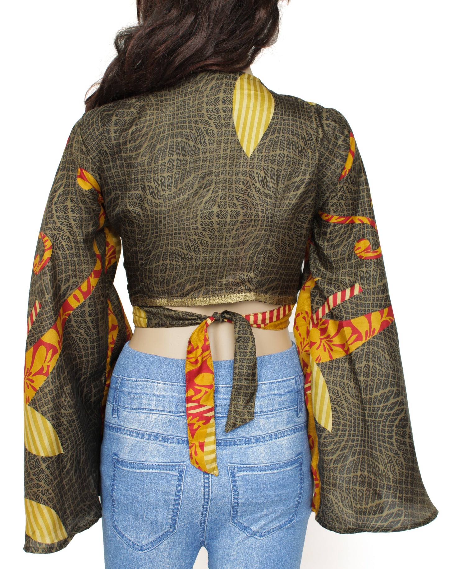 Sushila Vintage Bohemian Bell Sleeve Recycled Silk Saree Top 70,s Retro Green