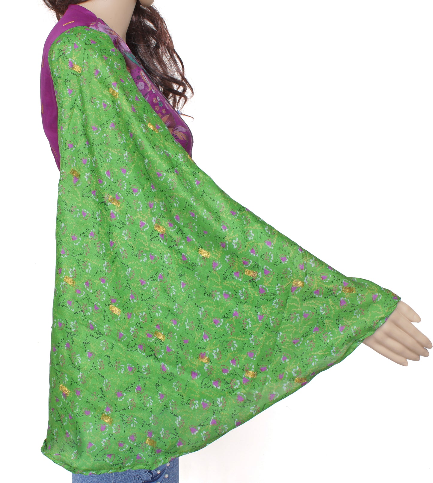 Sushila Vintage Bohemian Bell Sleeve Recycled Silk Saree Top 70,s Retro Green