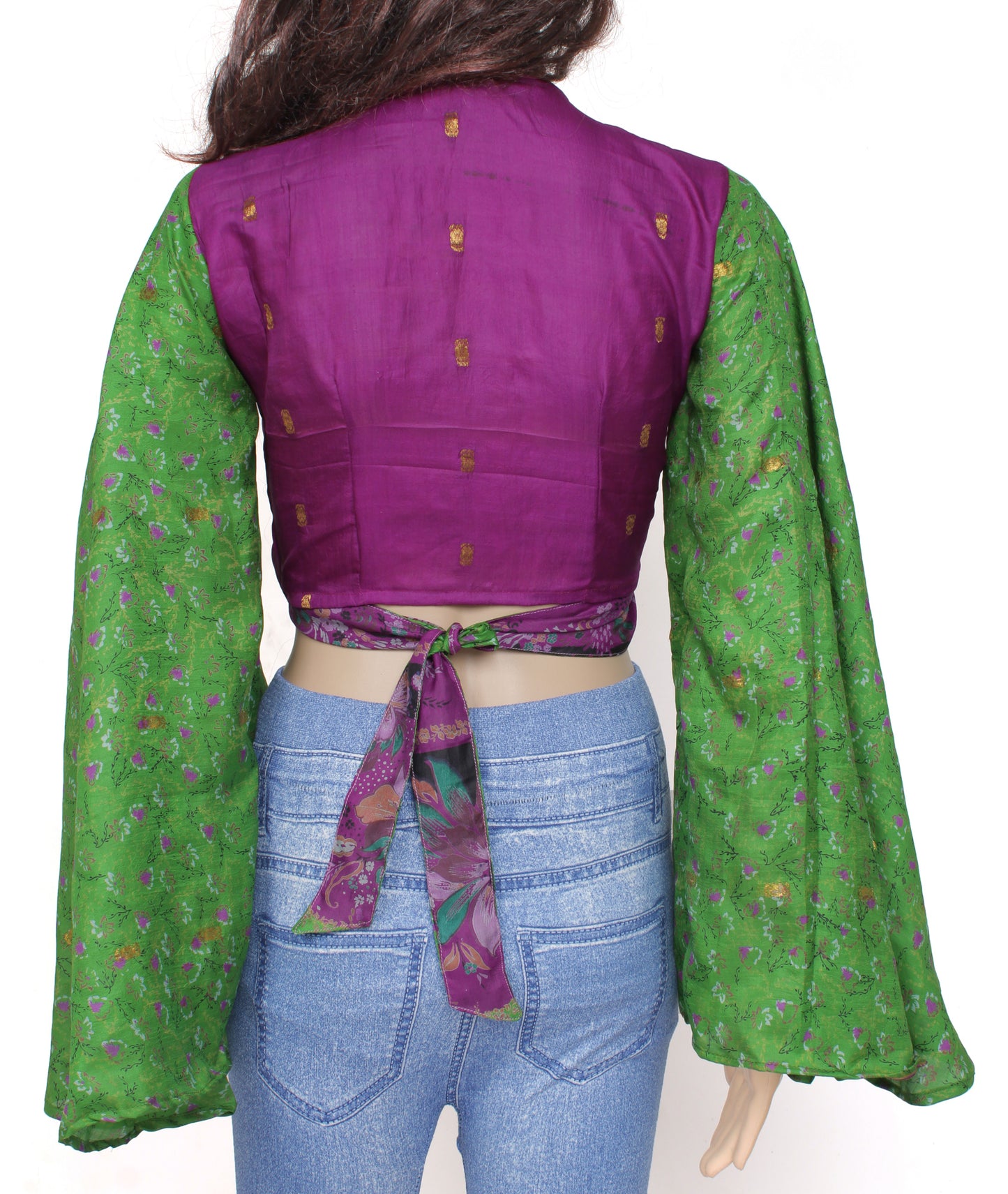 Sushila Vintage Bohemian Bell Sleeve Recycled Silk Saree Top 70,s Retro Green