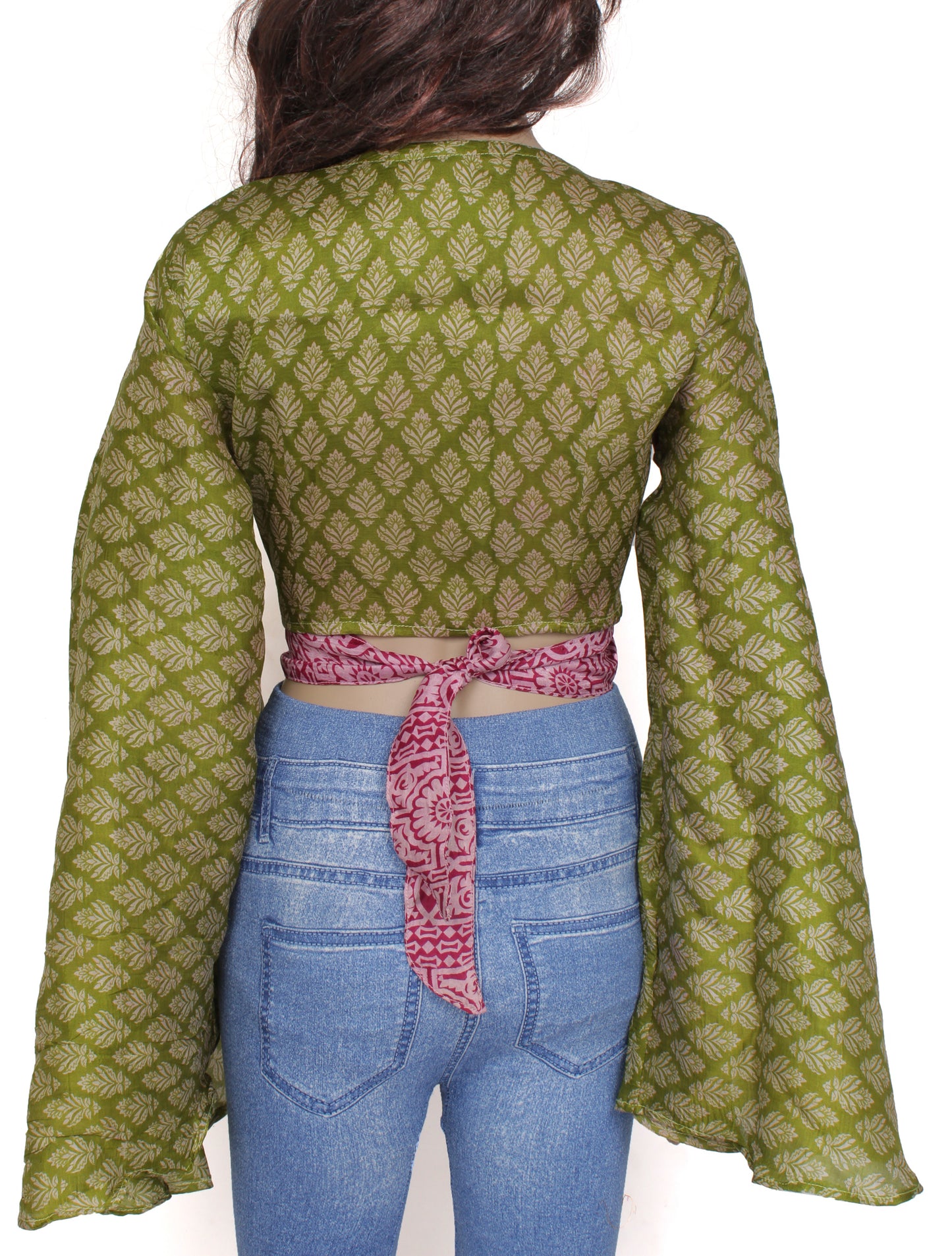 Sushila Vintage Bohemian Bell Sleeve Recycled Silk Saree Top 70,s Retro Green