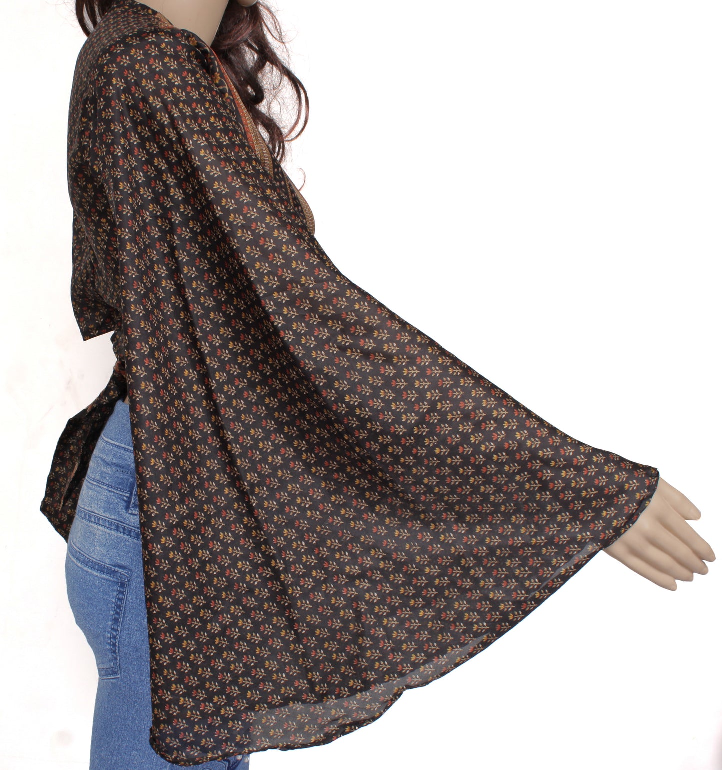 Sushila Vintage Bohemian Bell Sleeve Recycled Silk Saree Top 70,s Retro Black