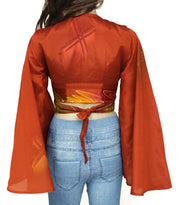 Sushila Vintage NEW Bohemian Bell Sleeve Recycled Silk Saree Top 70,s Retro Rust
