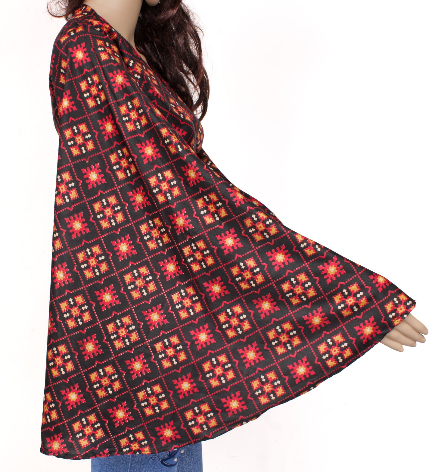 Sushila Vintage Bohemian Bell Sleeve Recycled Silk Saree Top 70,s Retro Black