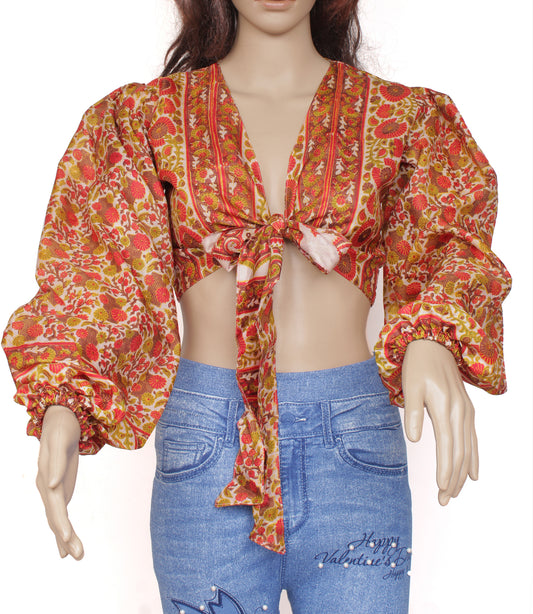 Sushila Vintage Bohemian Balloon Sleeve Recycled Silk Saree Top 70,s Retro Cream