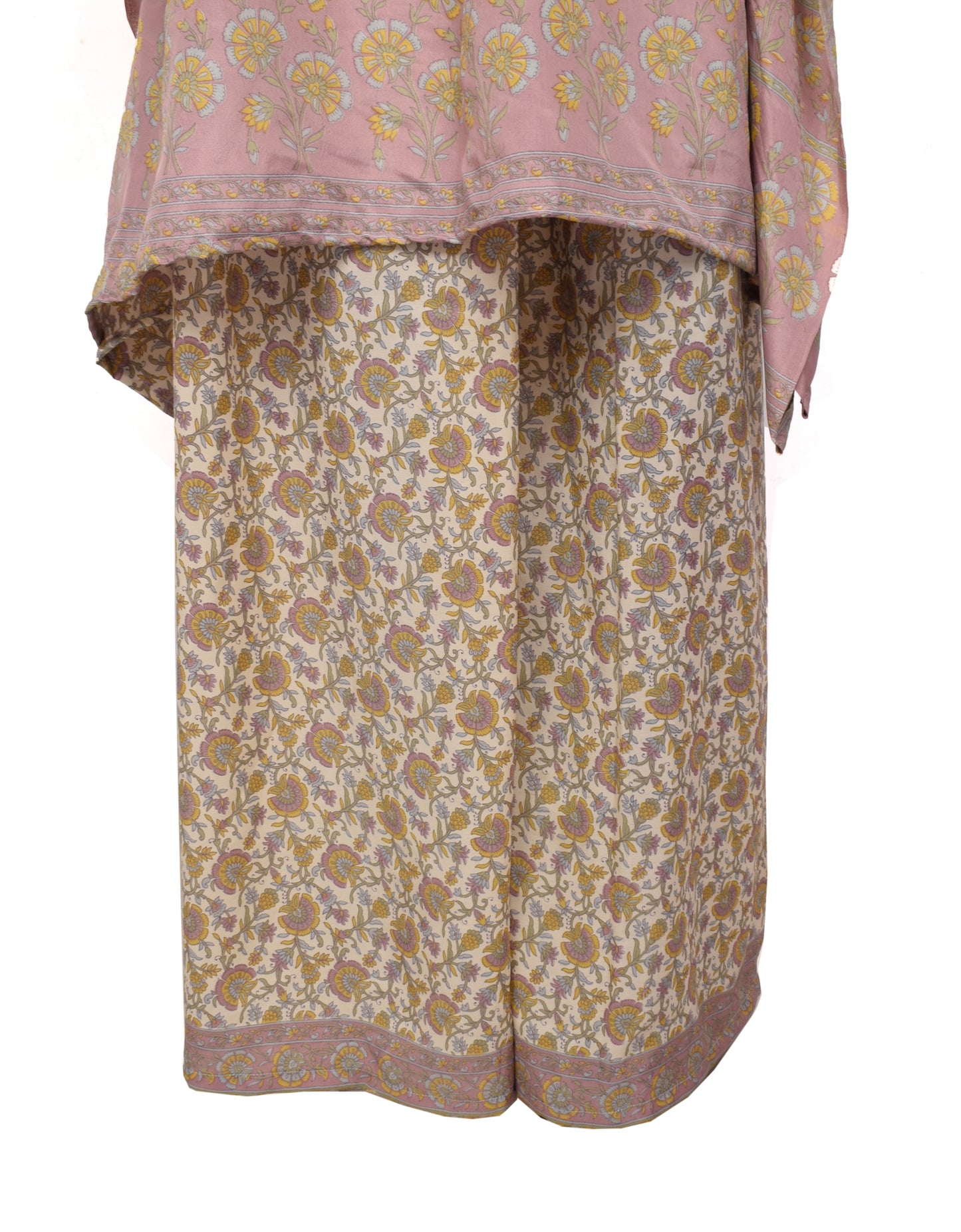 Sushila Vintage Women Dress Silk Sari upcycled Plazo Pants Kafhtan Top Cream