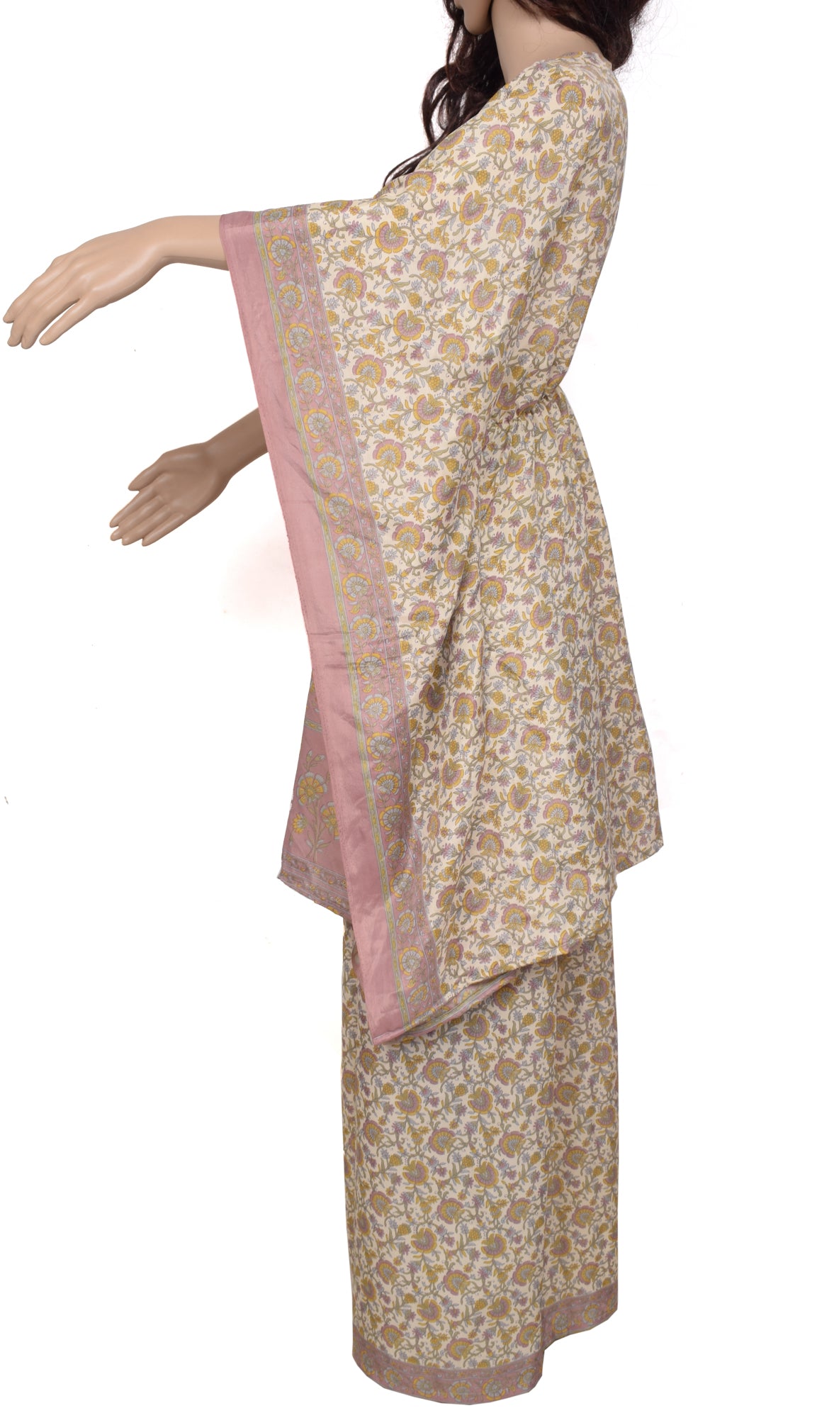 Sushila Vintage Women Dress Silk Sari upcycled Plazo Pants Kafhtan Top Cream