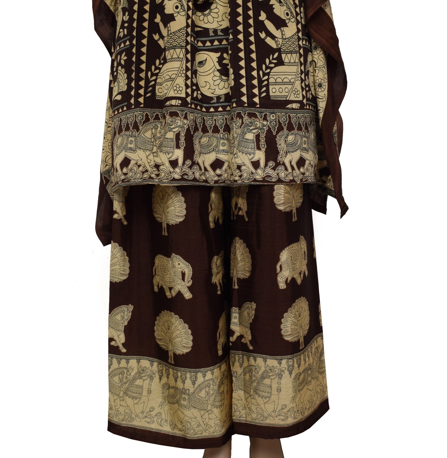 Sushila Vintage Women Dress Silk Sari upcycled Palazzo Pants Kafhtan Top Brown