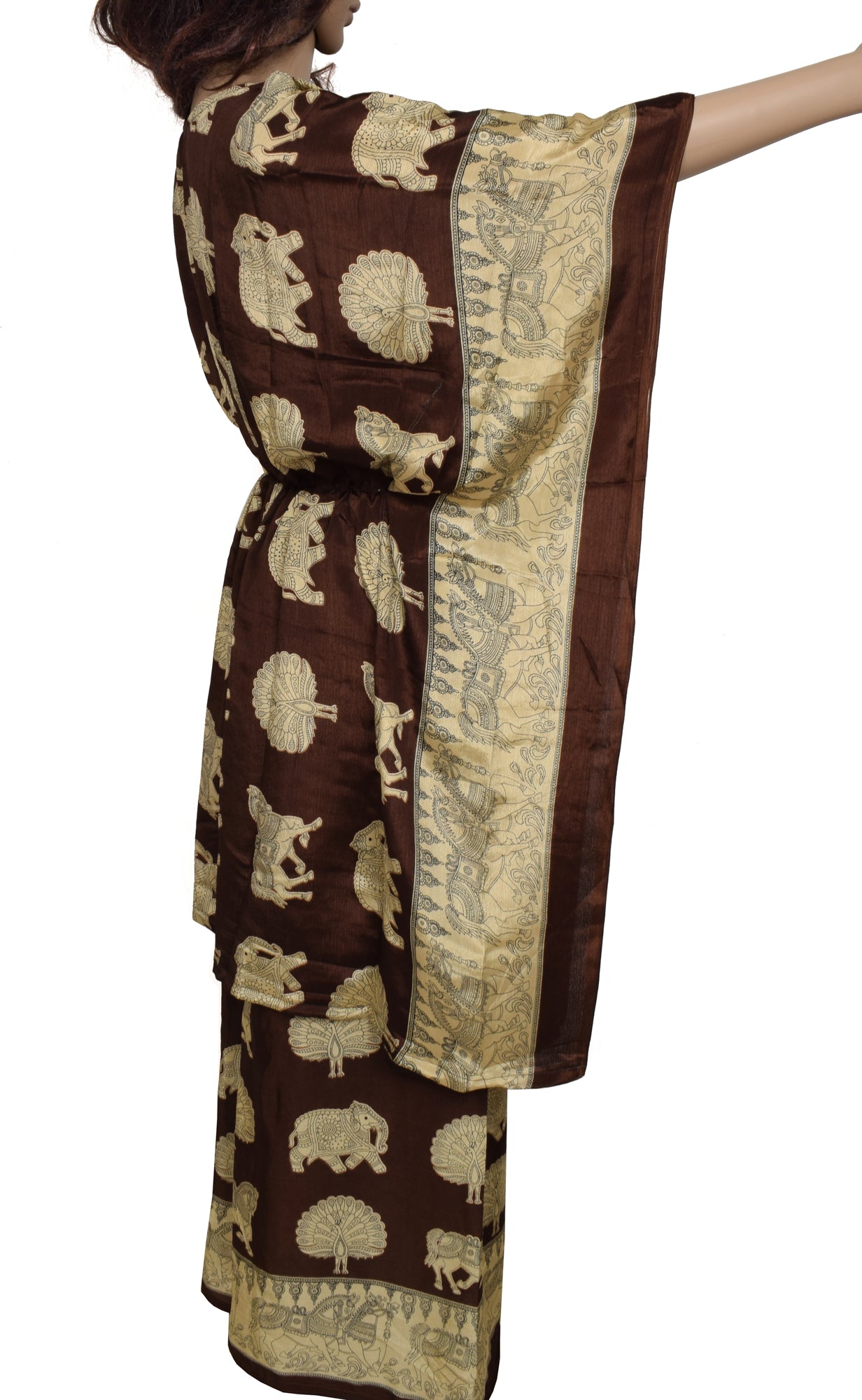 Sushila Vintage Women Dress Silk Sari upcycled Palazzo Pants Kafhtan Top Brown