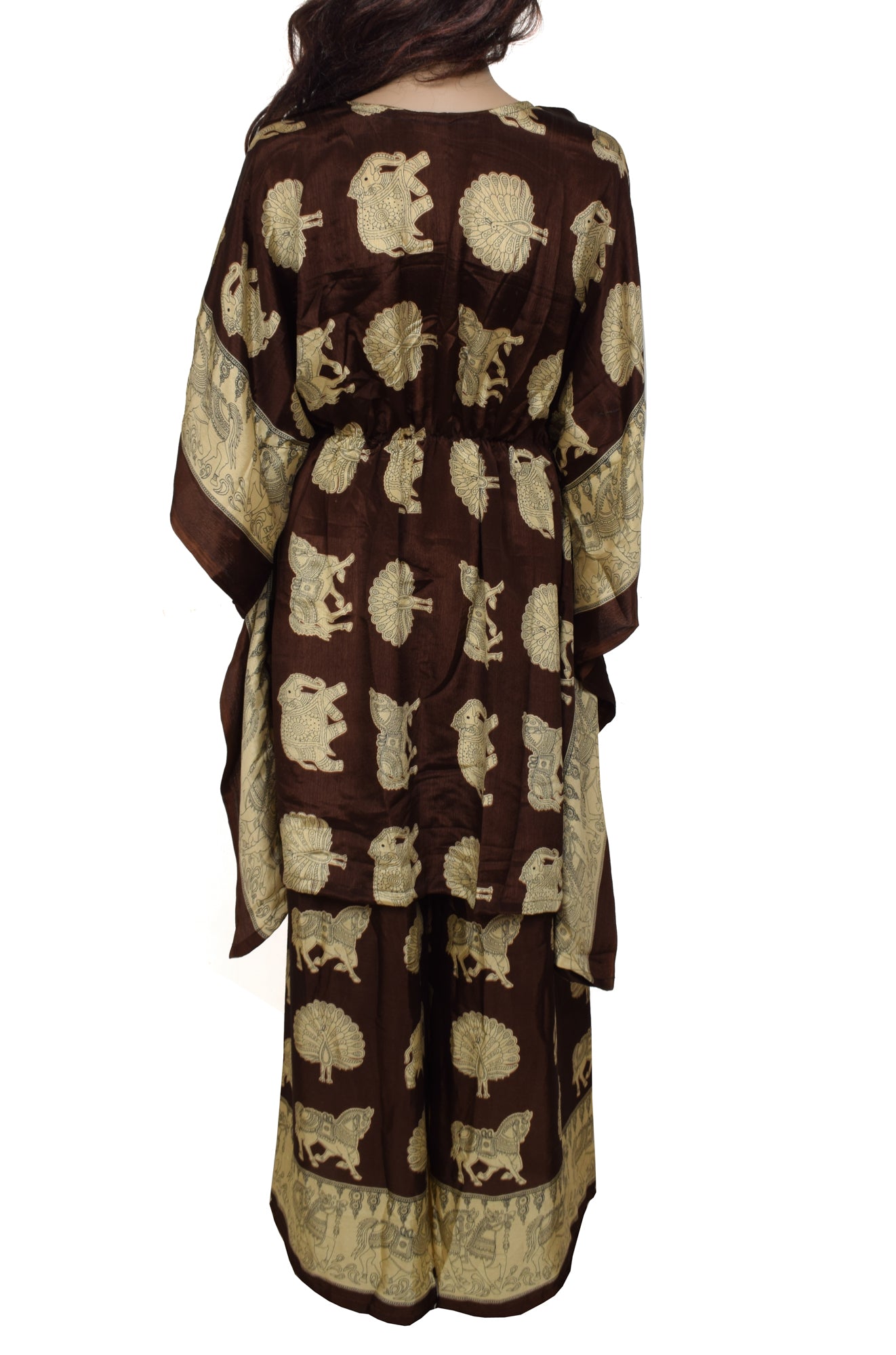 Sushila Vintage Women Dress Silk Sari upcycled Palazzo Pants Kafhtan Top Brown