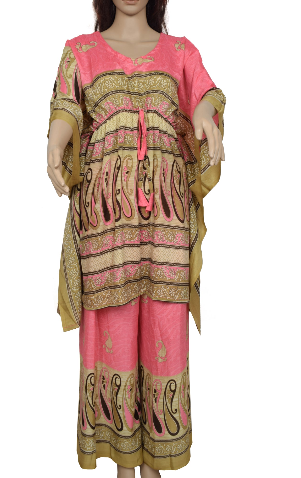 Sushila Vintage Blend Silk Sari upcycled Palazzo Pants & Kafhtan Top Set Pink