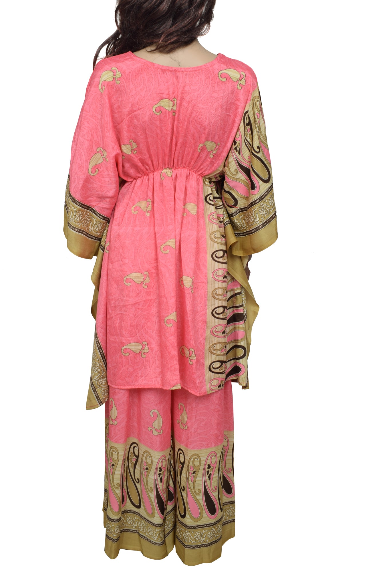 Sushila Vintage Blend Silk Sari upcycled Palazzo Pants & Kafhtan Top Set Pink