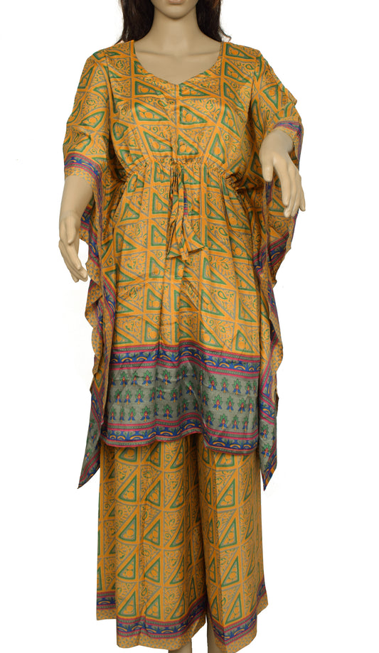Sushila Vintage Blend Silk Sari upcycled Palazzo Pants & Kafhtan Top Set Mustard