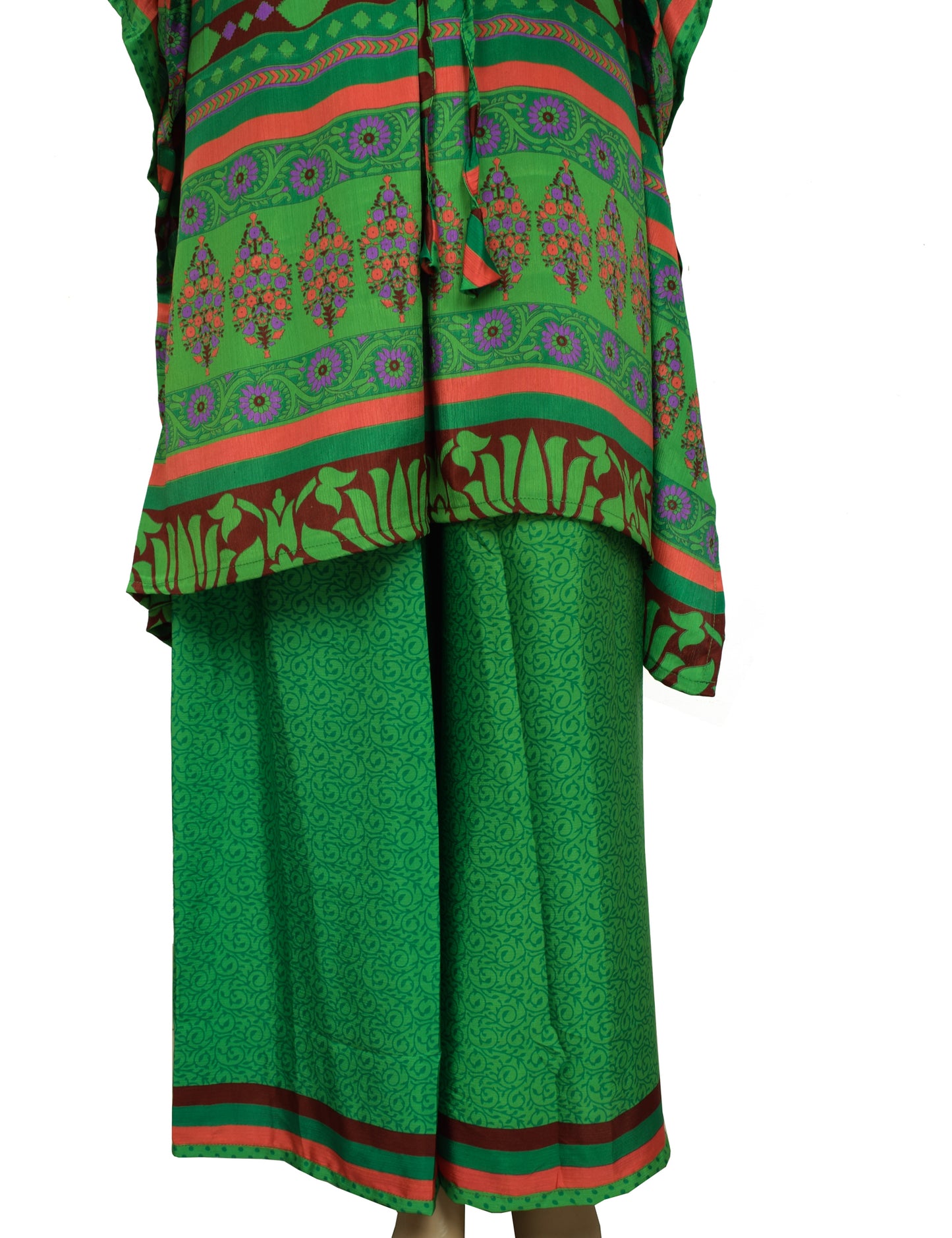 Sushila Vintage Blend Silk Sari upcycled Palazzo Pants & Kafhtan Top Set Green