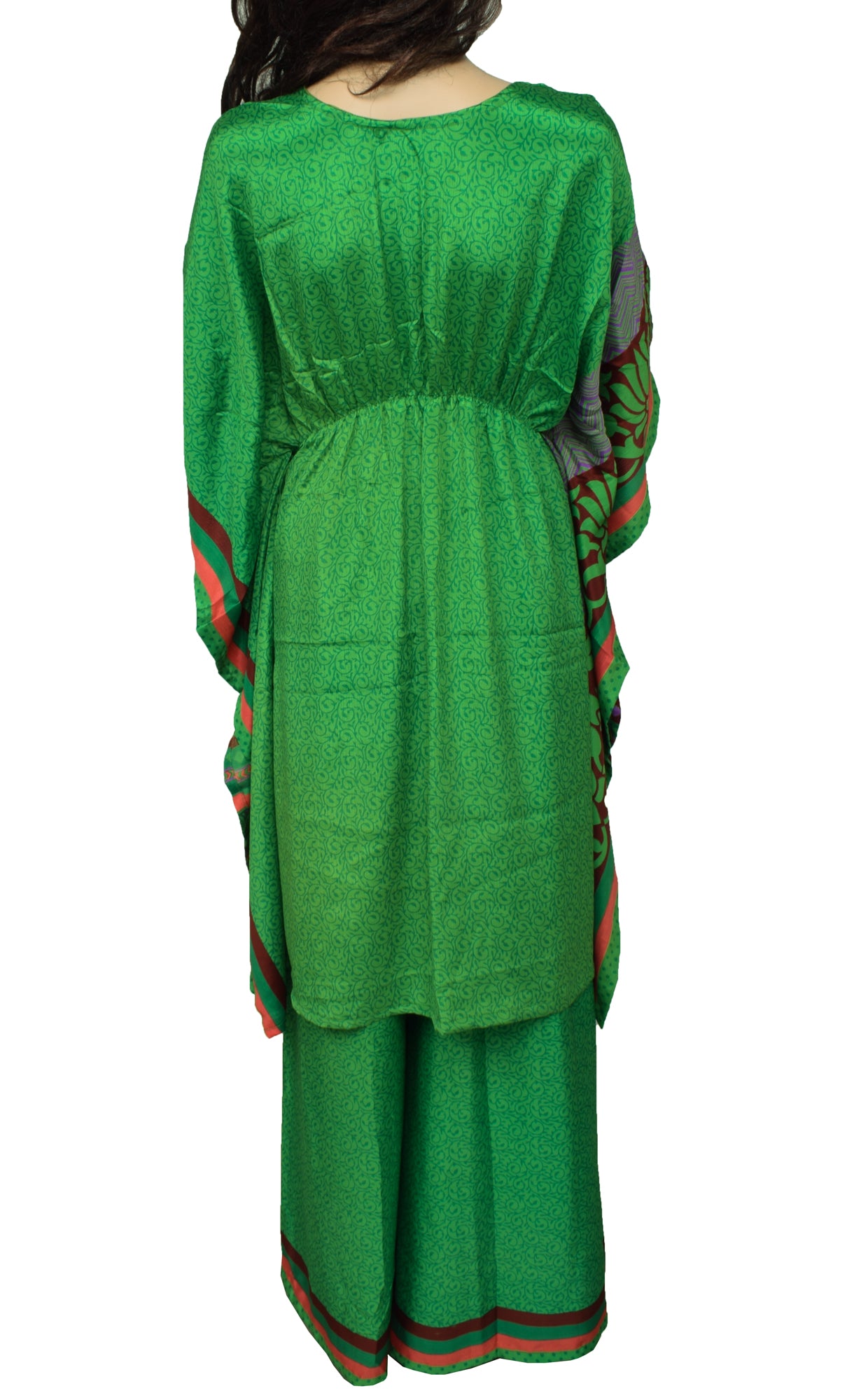 Sushila Vintage Blend Silk Sari upcycled Palazzo Pants & Kafhtan Top Set Green
