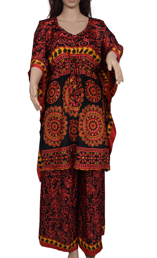 Sushila Vintage Blend Silk Sari upcycled Palazzo Pants & Kafhtan Top Set Black