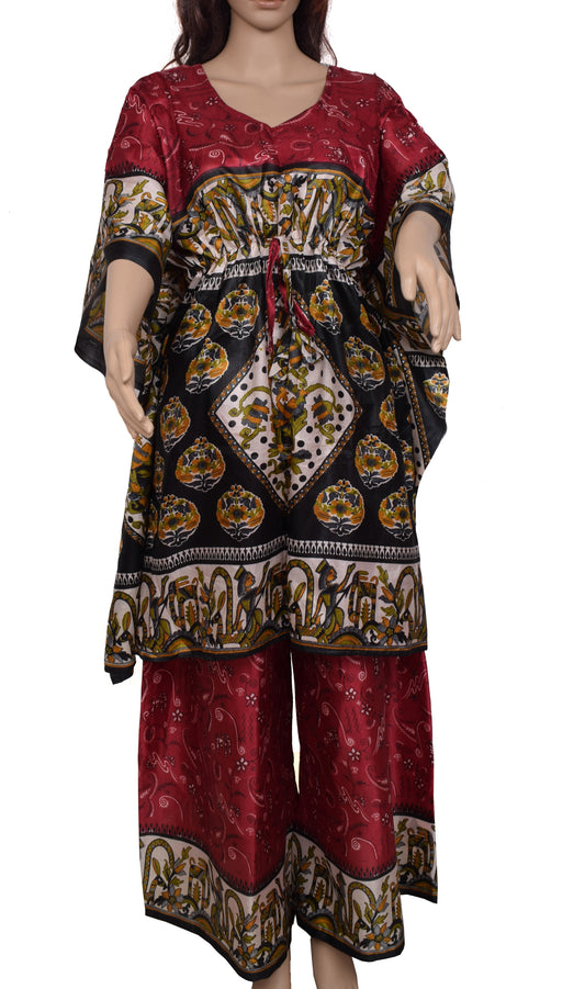 Sushila Vintage Blend Silk Sari upcycled Palazzo Pants & Kafhtan Top Set Maroon