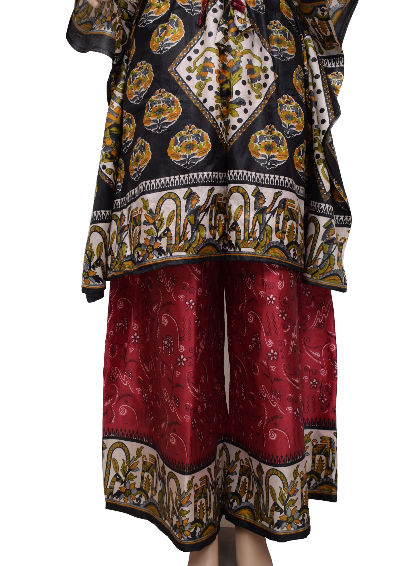 Sushila Vintage Blend Silk Sari upcycled Palazzo Pants & Kafhtan Top Set Maroon