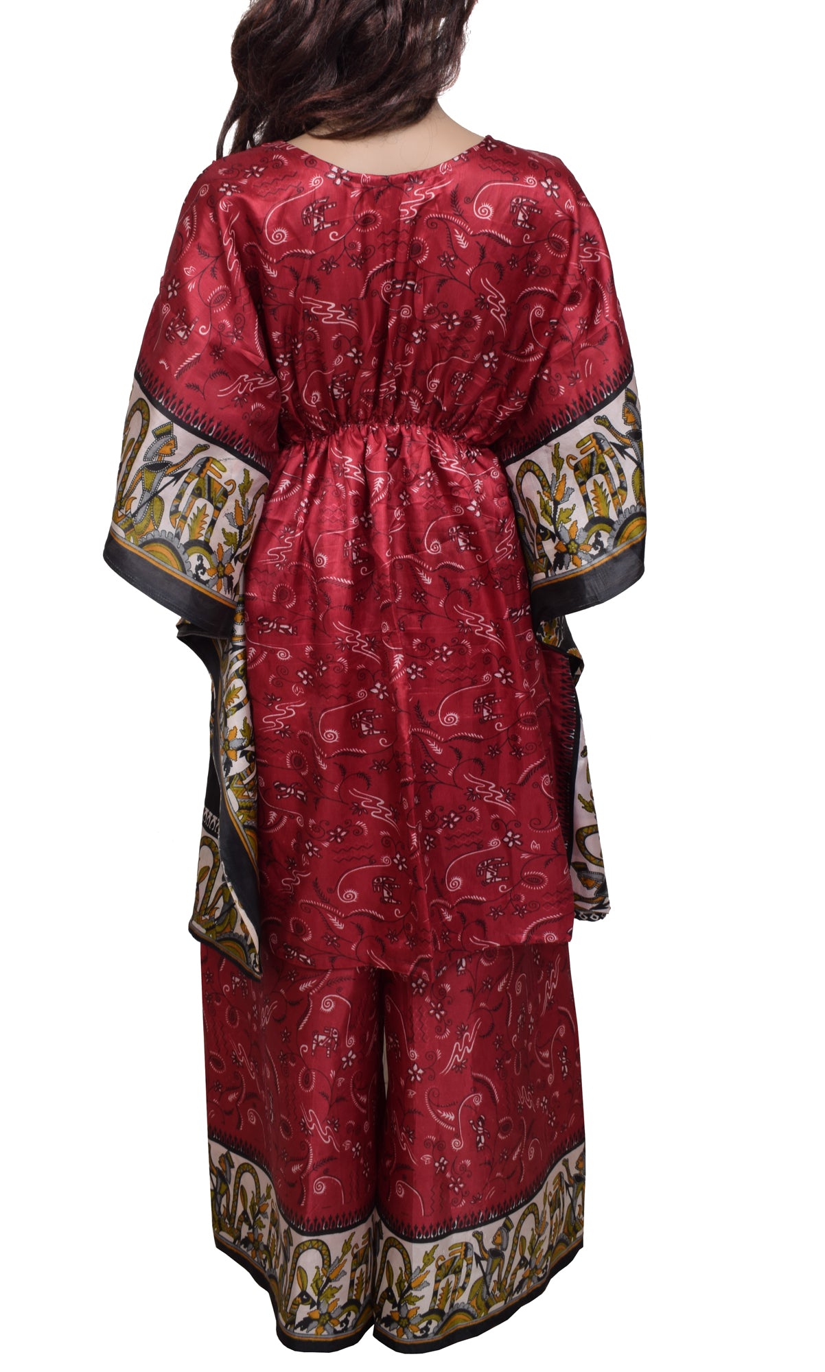 Sushila Vintage Blend Silk Sari upcycled Palazzo Pants & Kafhtan Top Set Maroon