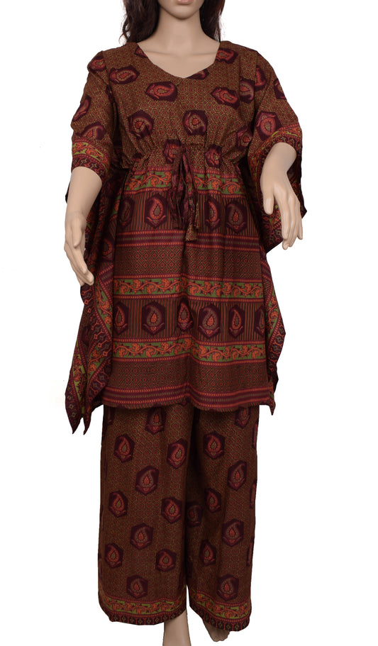 Sushila Vintage Blend Silk Sari upcycled Palazzo Pants & Kafhtan Top Set Maroon