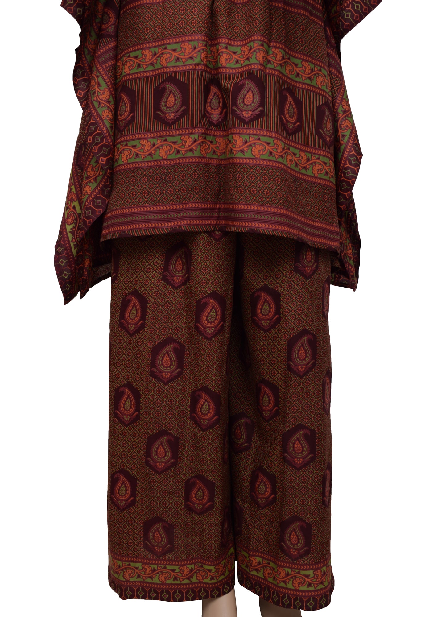 Sushila Vintage Blend Silk Sari upcycled Palazzo Pants & Kafhtan Top Set Maroon