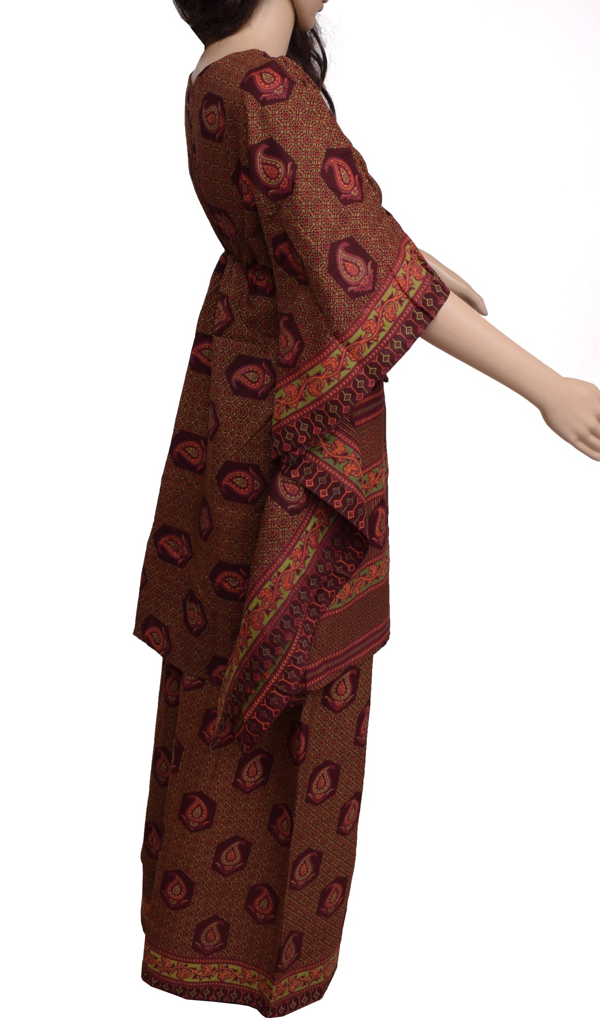 Sushila Vintage Blend Silk Sari upcycled Palazzo Pants & Kafhtan Top Set Maroon