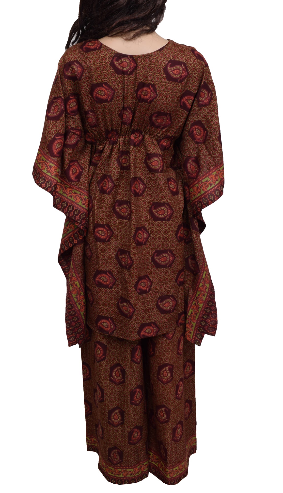 Sushila Vintage Blend Silk Sari upcycled Palazzo Pants & Kafhtan Top Set Maroon