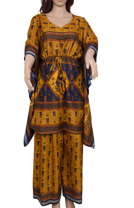 Sushila Vintage Blend Silk Sari upcycled Palazzo Pants & Kafhtan Top Set Mustard