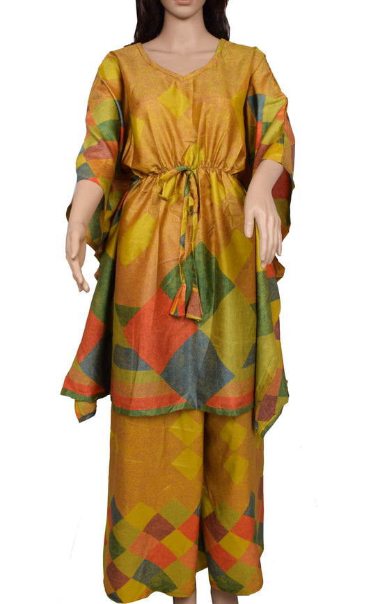 Sushila Vintage Blend Silk Sari upcycled Palazzo Pants & Kafhtan Top Set