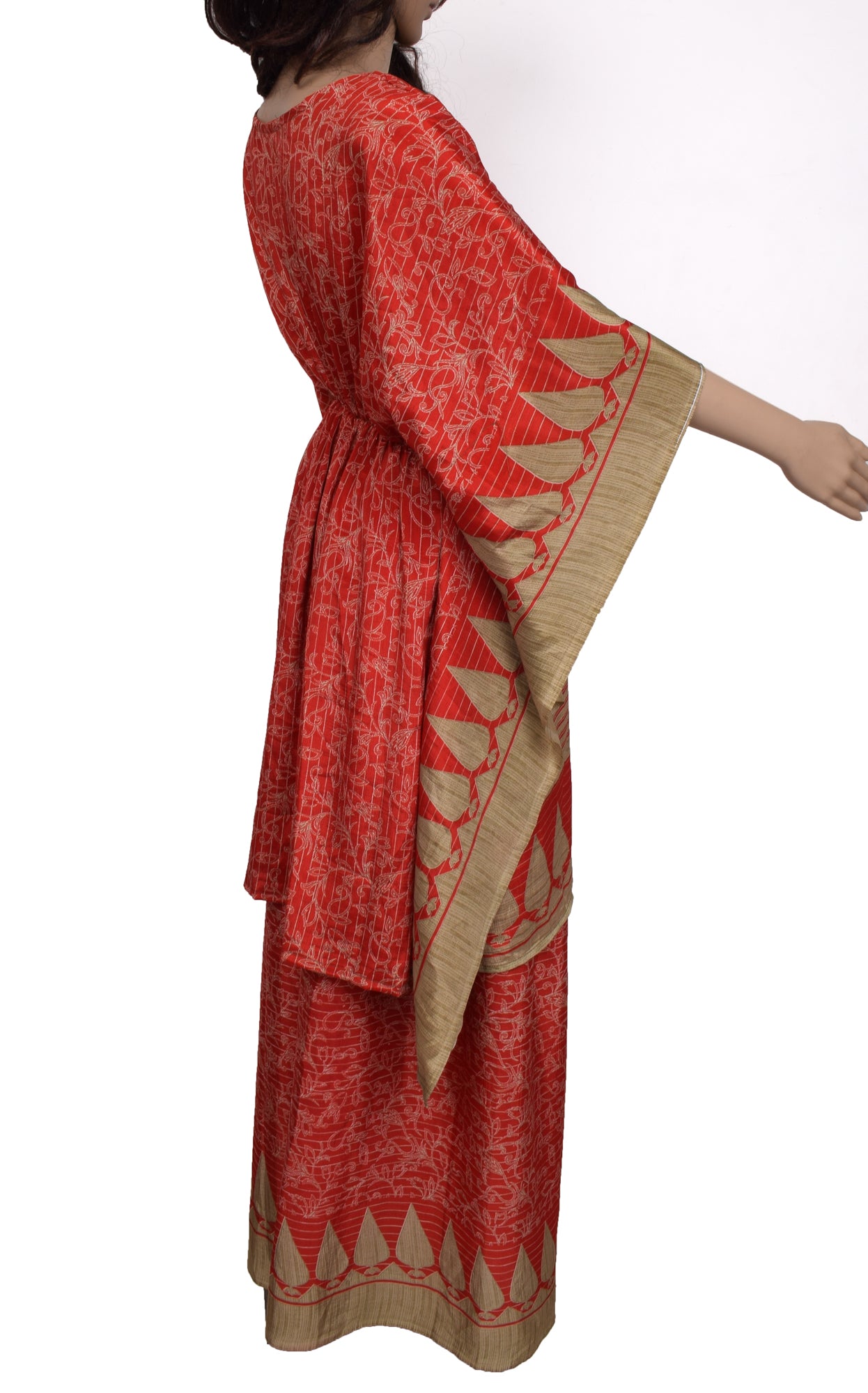 Sushila Vintage Women Dress Silk Sari upcycled Palazzo Pants Kafhtan Top Red