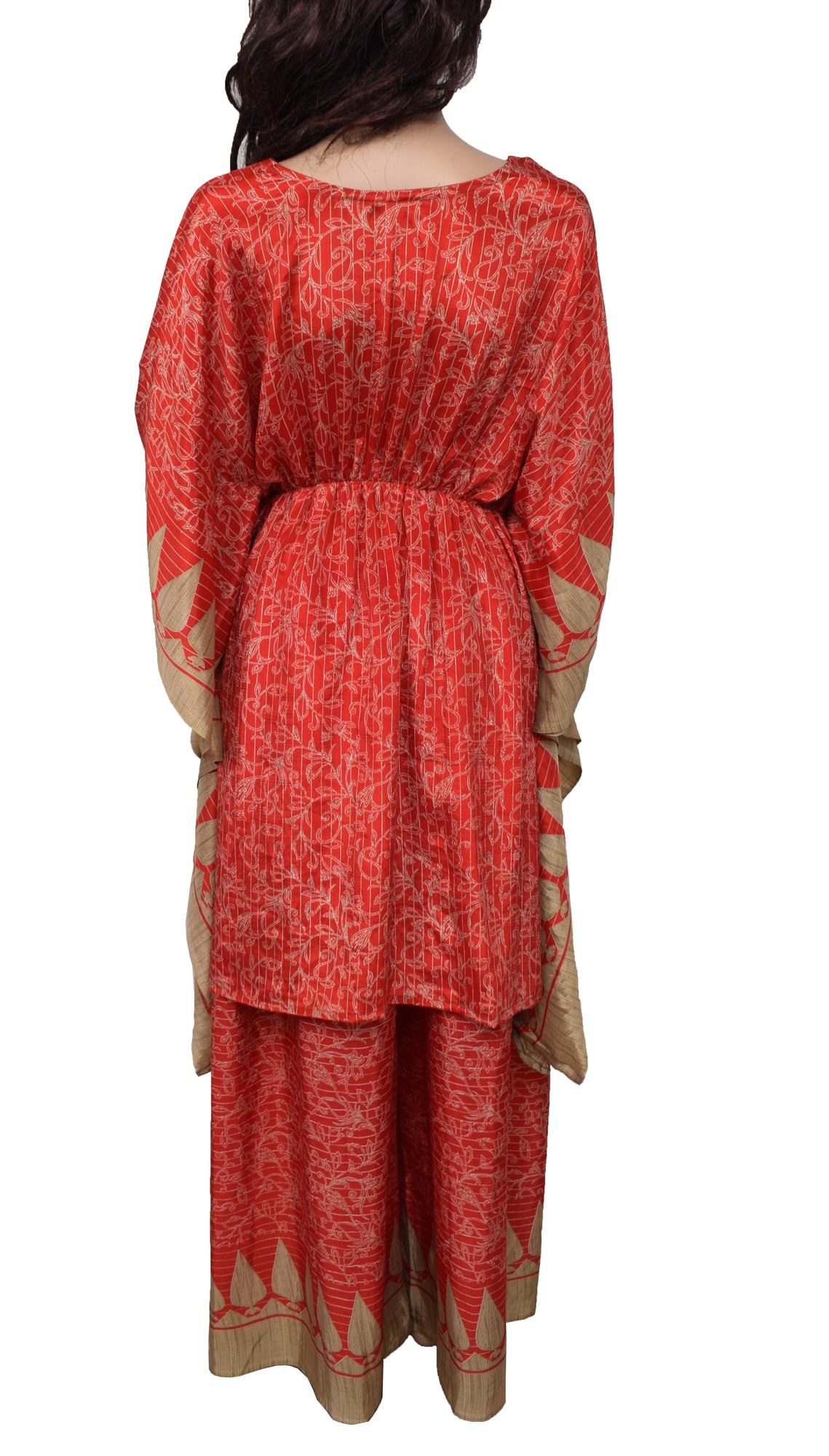 Sushila Vintage Women Dress Silk Sari upcycled Palazzo Pants Kafhtan Top Red