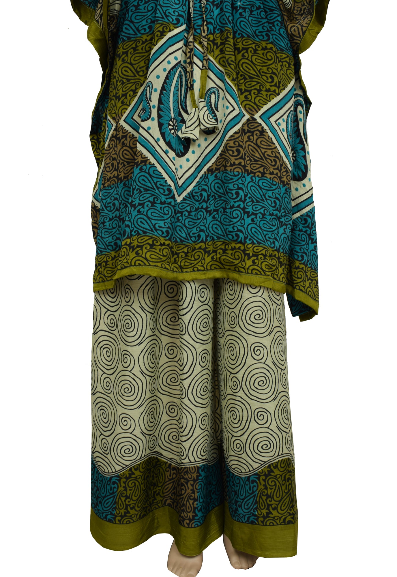 Sushila Vintage Blend Silk Sari upcycled Palazzo Pants & Kafthan Top Light Green