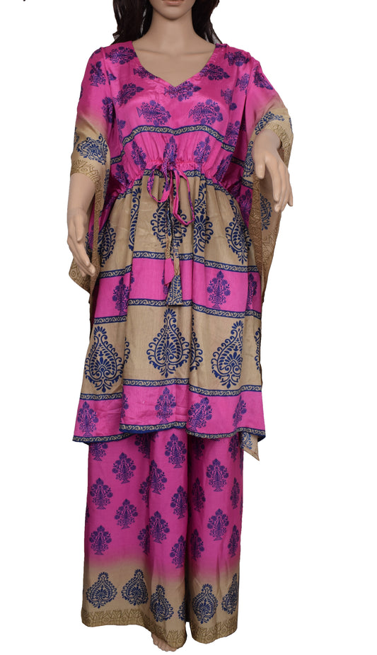Sushila Vintage Blend Silk Sari upcycled Palazzo Pants & Kafhtan Top Set Pink