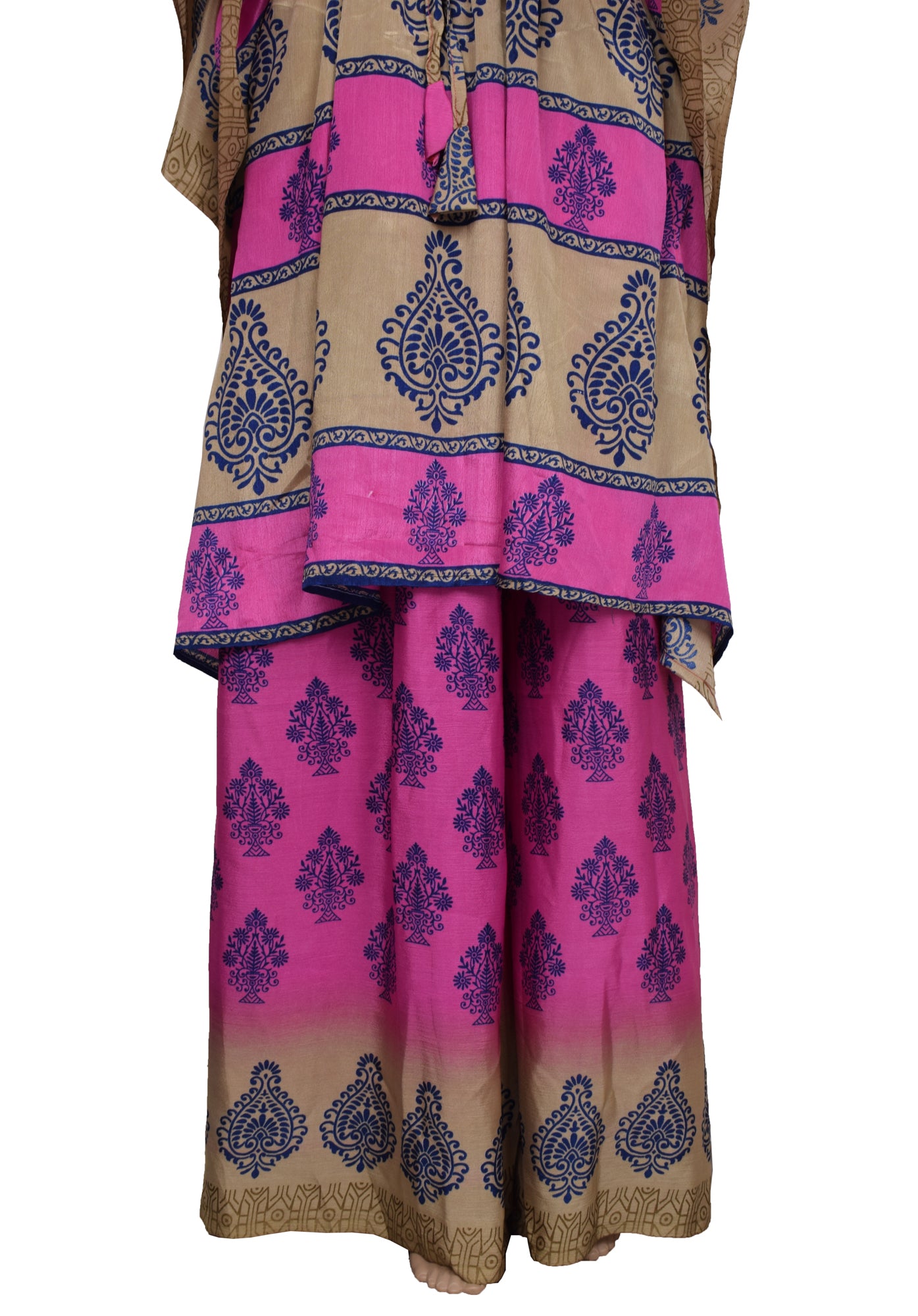 Sushila Vintage Blend Silk Sari upcycled Palazzo Pants & Kafhtan Top Set Pink