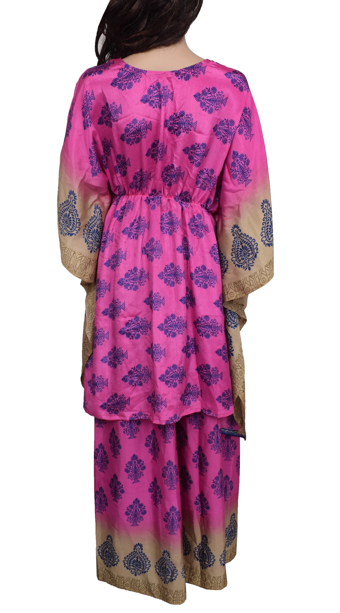 Sushila Vintage Blend Silk Sari upcycled Palazzo Pants & Kafhtan Top Set Pink