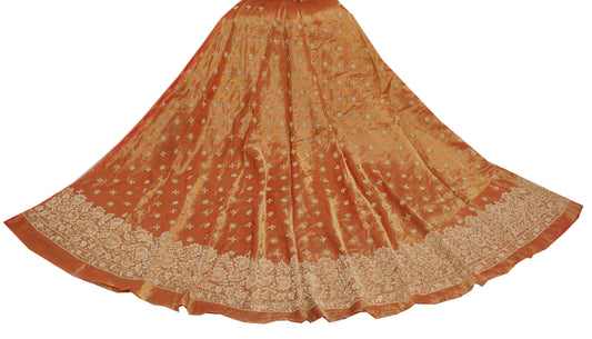 Sushila Vintage Rust Long Skirt Pure Tissue Silk Hand Beaded Unstitched Lehenga