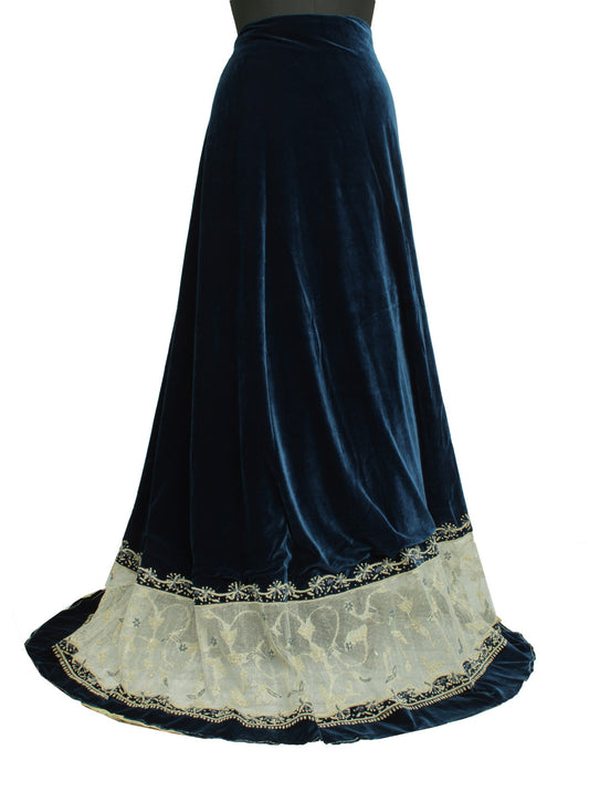 Sushila Vintage Blue Long Skirt Net & Velvet Handmade Unstitched Lehenga Fabric