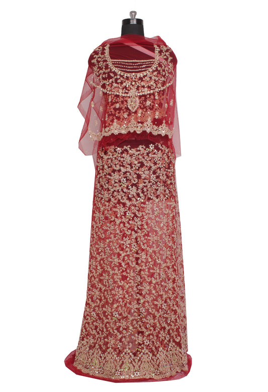 Sushila Vintage Red Long Skirt Net Mesh Hand Beaded Zardozi  Unstitched Lehenga