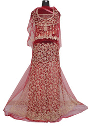 Sushila Vintage Red Long Skirt Net Mesh Hand Beaded Zardozi  Unstitched Lehenga