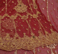 Sushila Vintage Red Long Skirt Net Mesh Hand Beaded Unstitched Craft Lehenga