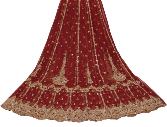 Sushila Vintage Red Long Skirt Net Mesh Hand Beaded Unstitched Craft Lehenga