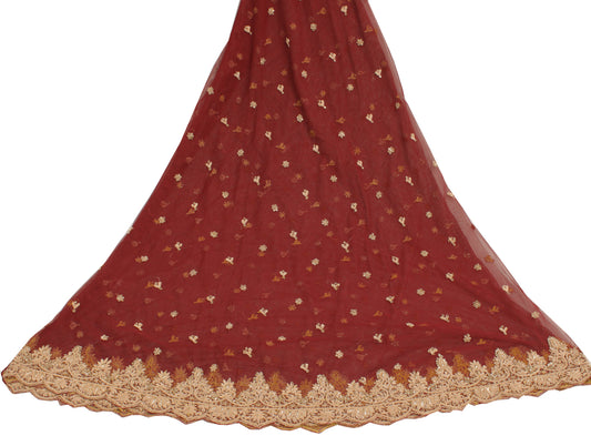 Sushila Vintage Maroon Long Skirt Net Mesh Hand Beaded Unstitched Craft Lehenga